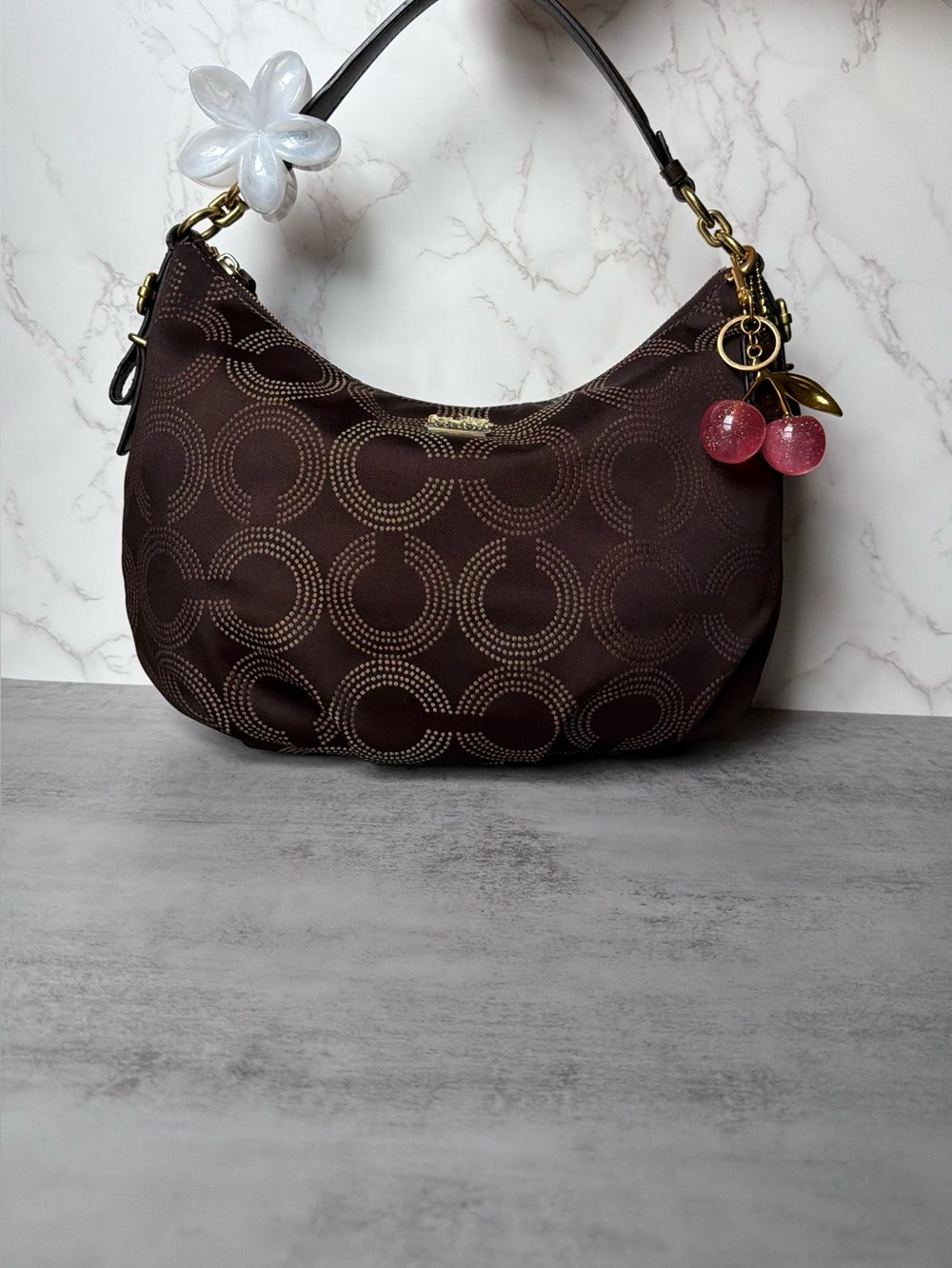 NWOT Coach Chocolate Brown Signature Hobo Bag with Cherry Charm